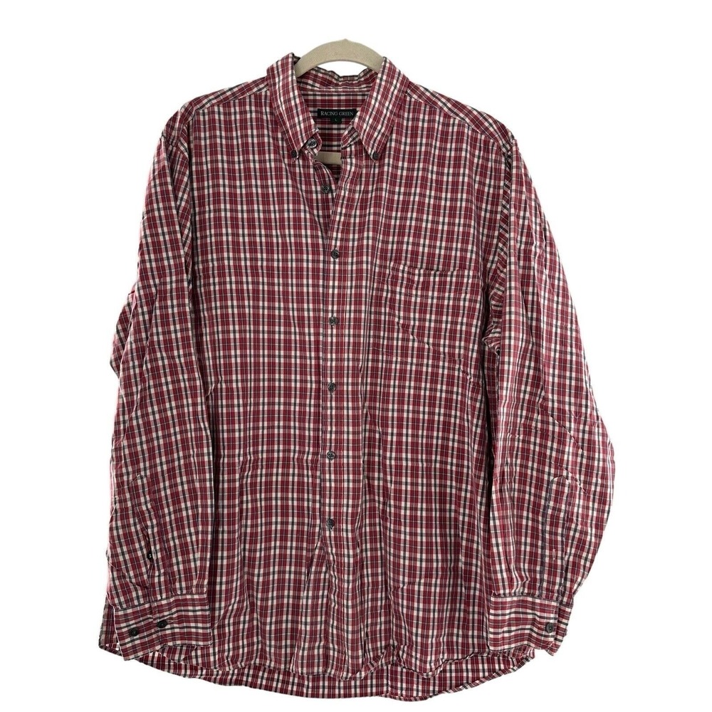 Racing Green Mens Large Red & White Plaid Button-Up Shirt‎ 100% Cotton Preppy